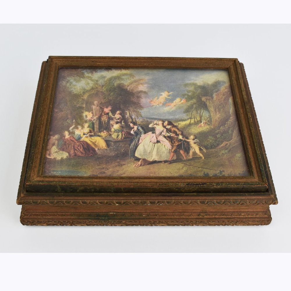 Rare antique wooden box with decorative lid, collectible painting storage box